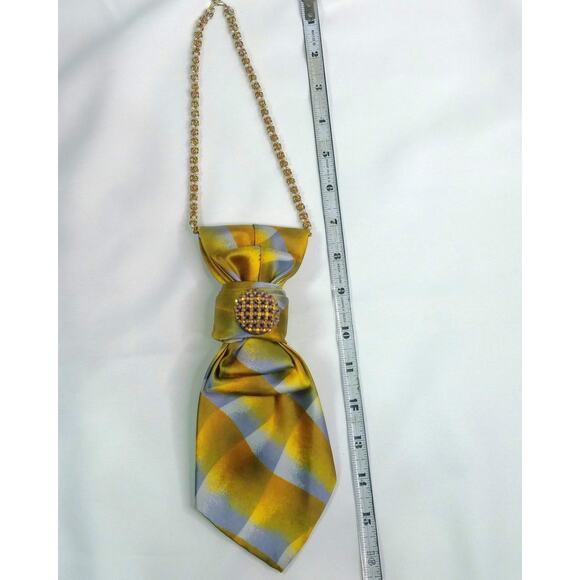 Vintage Silk Tie Necklace Artisan Italy Gold Silver Hue Upcycled Amber Jewel NEW - Picture 9 of 13